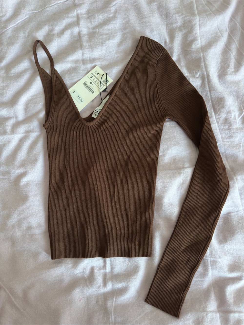 Zara - Chocolate Brown Ribbed One-Shoulder Asymmetrical Top (Short/Long) - S